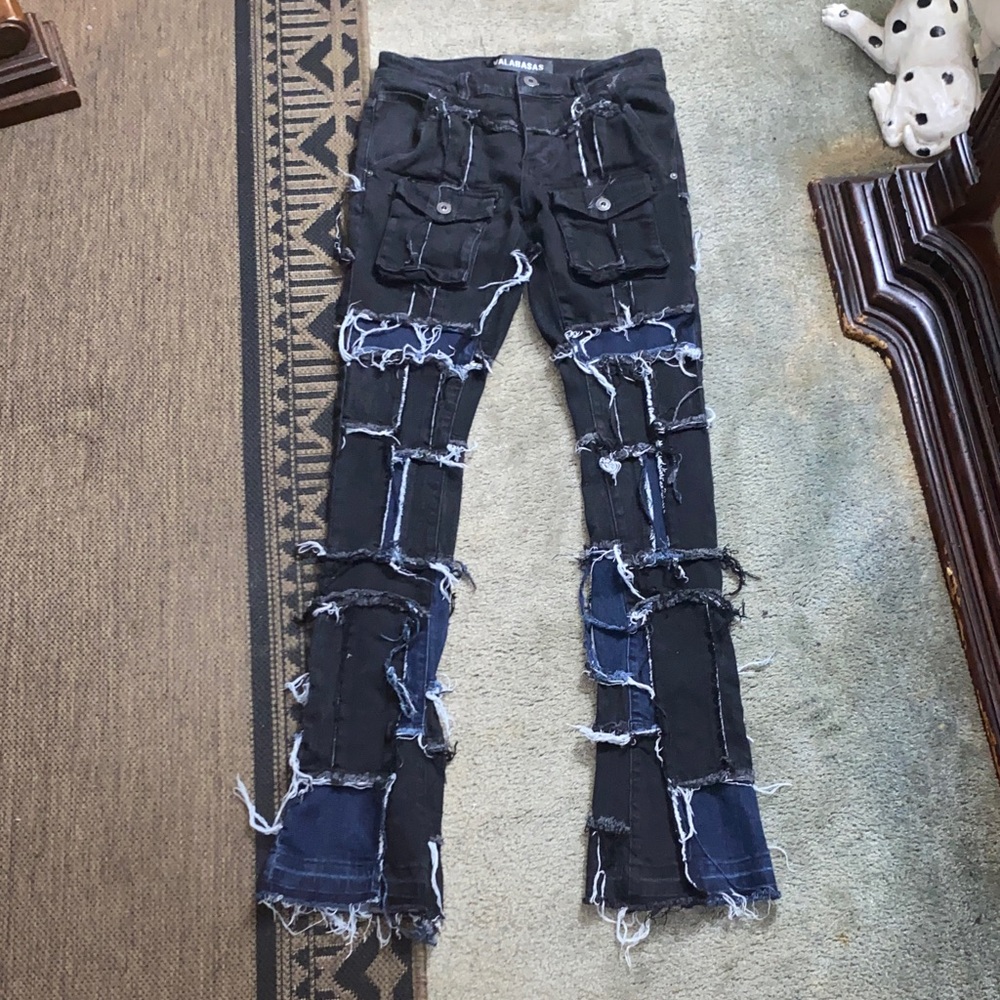 Distressed Black and Blue Patchwork Jeans